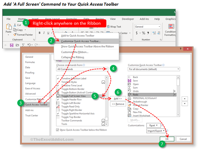 excel 2016 quick access toolbar close command