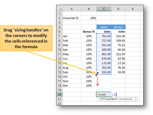 Drag Colored Borders To Modify Formula Cell References in Microsoft Excel 2003, 2007, 2010, 2013, 365