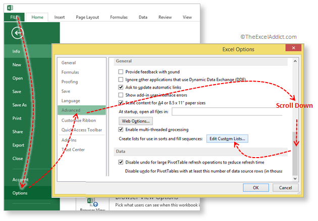 Excel Options Custom Lists in Microsoft Excel 2007 2010 2013 2016 365