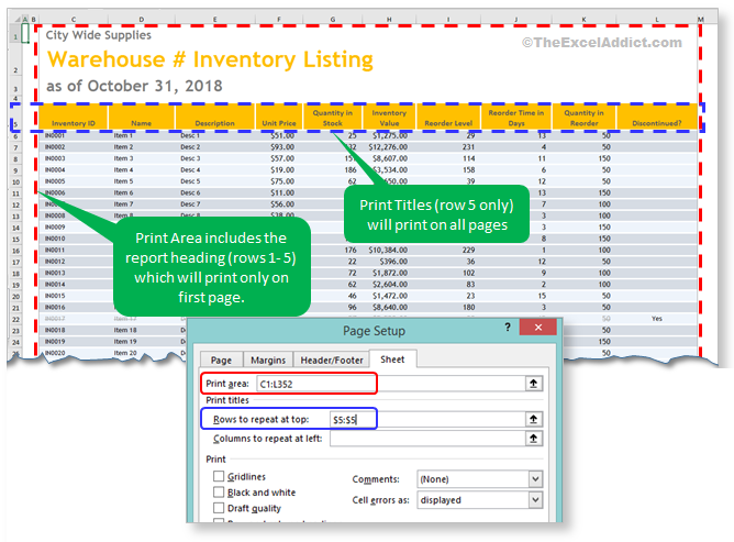 Include Report Heading In Print Area in Microsoft Excel 2007 2010 2013 2016 365 2019