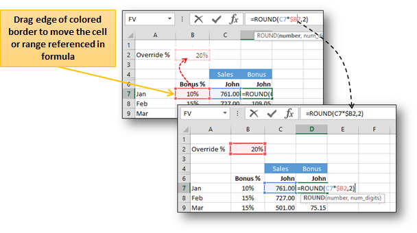 Move Colored Borders Around Formula Cell References in Microsoft Excel 2003, 2007, 2010, 2013, 365