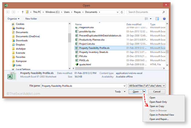 Open As Copy Option in Microsoft Excel 2007 2010 2013 2016 2019 365