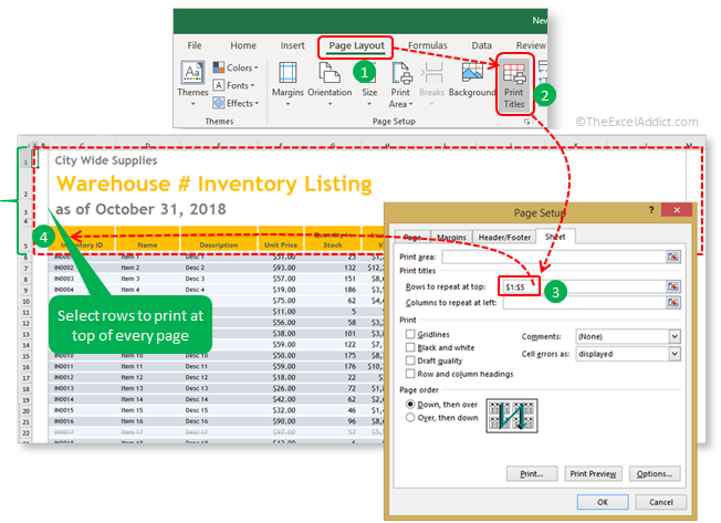 Select Print Titles To Print At Top Of Each Page in Microsoft Excel 2007 2010 2013 2016 365 2019