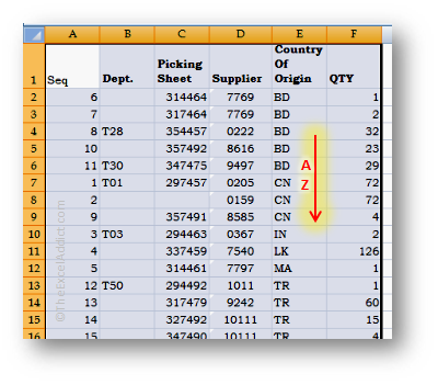 Sorted Column in Microsoft Excel 2007 2010 2013 2016 365