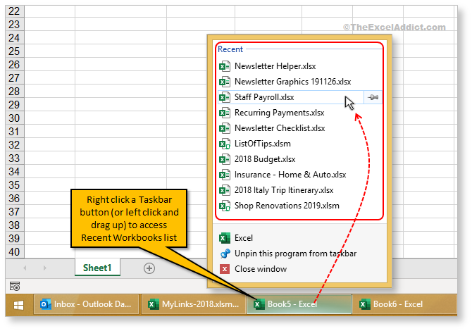Taskbar Trick To Access Recent Workbooks in Microsoft Excel 2007 2010 2013 2016 2019 365